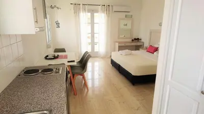 a small room with a bed and a desk and a kitchen at Crown Apartments in Kalyves