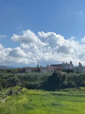 a view of a field with a building in the background at Angellinas Apartments in Kato Daratso
