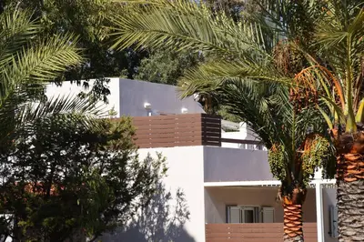 a white house with palm trees in front of it at Ktima Grammeno Beachside Villa in Palaiochóra