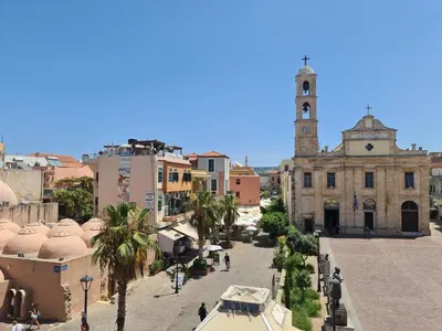 a view of a city with a clock tower at Nikolas Rooms in Chania Town