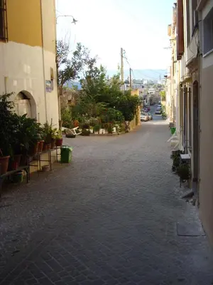 an empty street with plants on the side of a building at Old Town Apartments in Chania Town