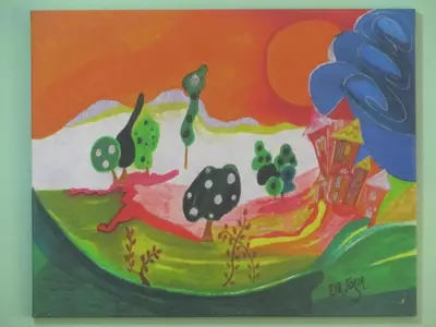 a painting of a painting of a hill with trees at Economy Studio Apartments in Chania Town