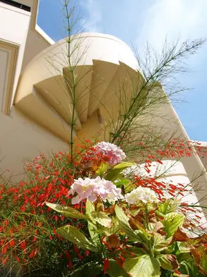 a bunch of flowers in front of a building at Marias Studios & Apartments in Platanias in Plataniás