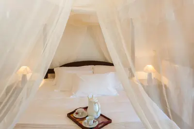 a bed with a canopy with a tray with cups and a vase at Augusta Country House in Derés