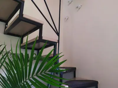 a green plant next to a black stair case at Sunny Villa in Kissamos