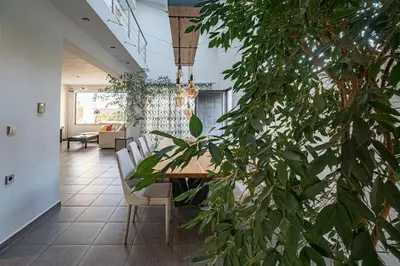 a dining room with a table and a large plant at Villa Detoro in Kambánion