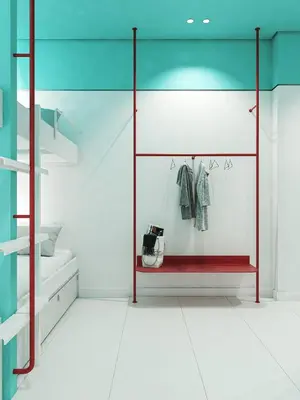 a room with a glass wall with a red bench at Cocoon City Hostel in Chania Town