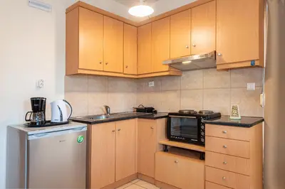a small kitchen with wooden cabinets and a microwave at Mini Art Apartments in Gerani Chanion