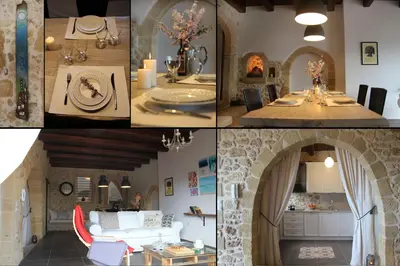 a collage of photos of a kitchen and a living room at Villa Meli-milon in Kolymvari