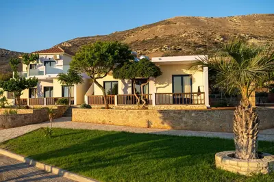 a house with a palm tree in front of a mountain at Adam in Falasarna
