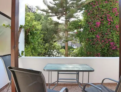 a table and chairs on a patio with flowers at Oliaria Apartments in Plataniás