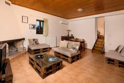 a living room with a couch and a fireplace at Lithari in Kámboi