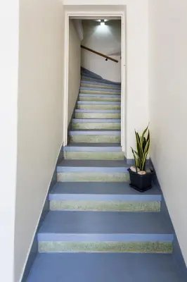 a set of blue stairs with a potted plant at Kd's - Apartment in Chania Town