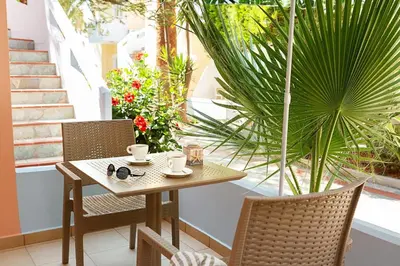 a table and chairs on a patio with plants at Mediterranea Apartments in Kato Daratso