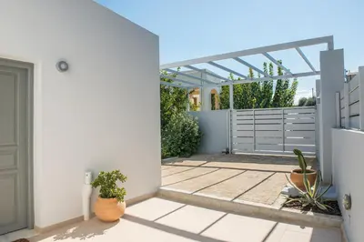 a courtyard with a gate and potted plants at Thea Thalassa in Kalamaki Chanion