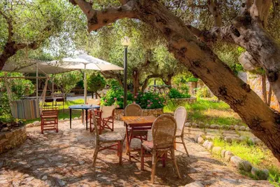 a table and chairs under a tree with an umbrella at Villa Tzina in Plataniás