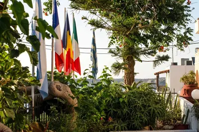 a group of flags in a garden with plants at Esplanade Apartments - Heated Pool in Kalathas