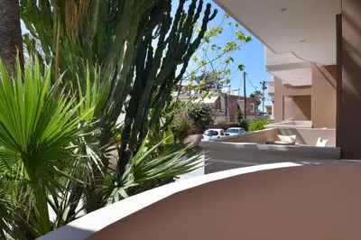 a balcony with palm trees and a building at Akatos Hotel in Agia Marina Nea Kydonias