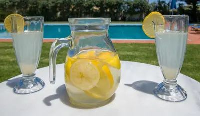 two glasses of lemonade with lemon slices in them at Studios Kydonia in Gerani Chanion