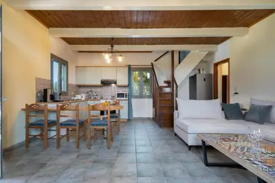 a kitchen and living room with a table and a couch at Villa Adriana in Arménoi