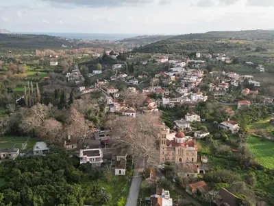 an aerial view of a small town with houses at Villa Adriana in Arménoi