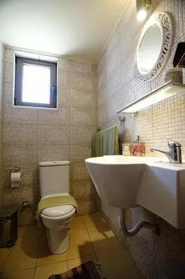 a bathroom with a sink and a toilet and a mirror at Mike Omalos Houses in Omalós