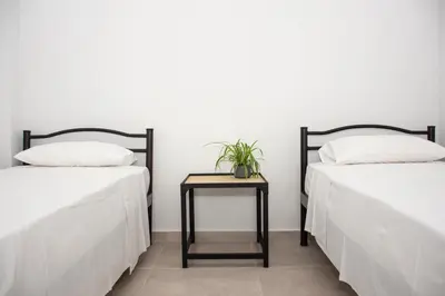 two beds with white sheets and a table with a plant at Christina Apartment in Kissamos
