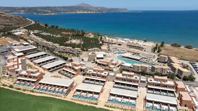 an aerial view of a resort with a pool at Kiani Beach Resort Family All Inclusive in Kalyves
