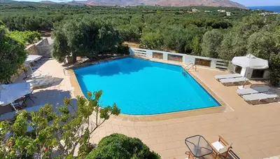 an overhead view of a swimming pool with chairs and umbrellas at Thealia in Karefilianá