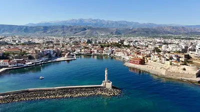 a view of a river with a city in the background at Villa Vangelis Stylos Crete in Khiliomoudhoú