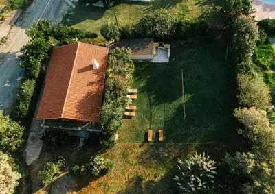 an overhead view of a house with a roof at Wooden Beach House in Gerani Chanion