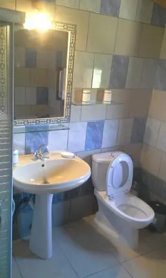 a bathroom with a sink and a toilet and a mirror at Traditional House Koukounara in Kissamos