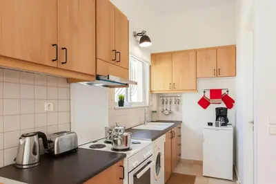 a kitchen with wooden cabinets and a white refrigerator at Rena House in Kissamos