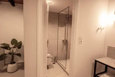 a bathroom with a shower and a toilet at Casa Veneta in Chania Town