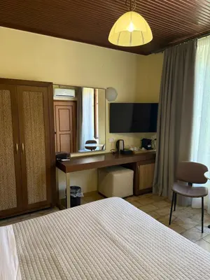 a hotel room with a bed and a desk and a television at Helena Hotel in Chania Town