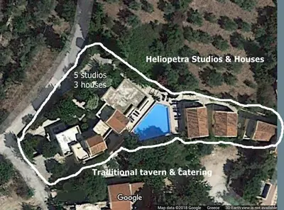 a site plan of a house with buildings at Heliopetra studios, small village close to beaches in Koprána