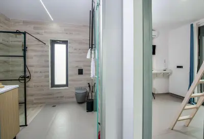 a bathroom with a shower and a toilet at Villa Alyona in Skinés