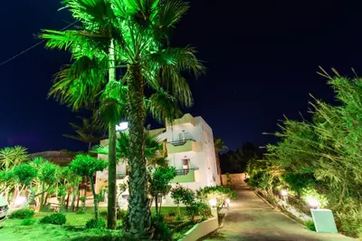 a palm tree in front of a building at night at Sunshine Apartments in Kato Daratso