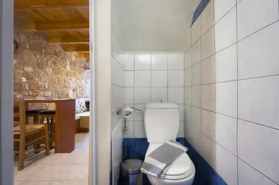 a bathroom with a white toilet in a room at Dimitra's House in Old Town in Chania Town