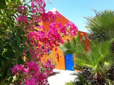an orange building with pink flowers in front of it at Marina Sands in Agia Marina Nea Kydonias