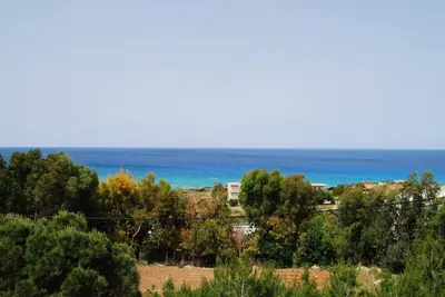 a view of the ocean from a hill at Golden Sun Apartments in Falasarna