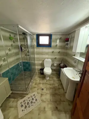 a bathroom with a toilet and a shower and a sink at 2-Bedroom Blue & White House with Garden and Beach in Plataniás