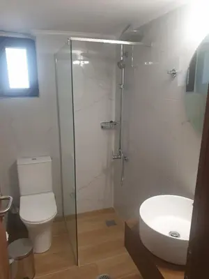 a bathroom with a shower and a toilet and a sink at To Ellinikon in Omalós