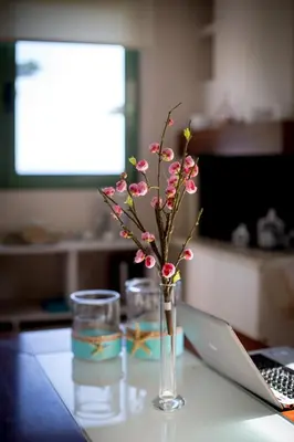 a vase with pink flowers on a desk with a laptop at Chania Sea View Summer House in Kalamaki Chanion