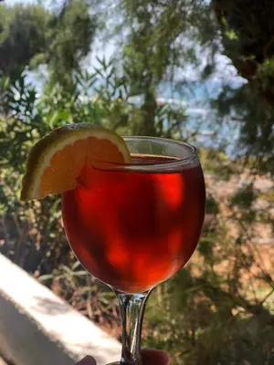 a glass of wine with an orange slice in it at Flisvos Rooms in Frangokastello