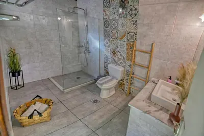 a bathroom with a shower and a toilet and a sink at Villas Vista Del Mar in Kissamos