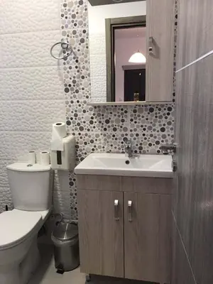 a bathroom with a toilet and a sink and a mirror at Paralia guest house in Agia Roumeli