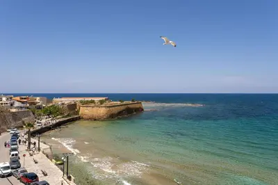 a view of a beach with a bird flying over it at Kumba At Koum Kapi in Chania Town