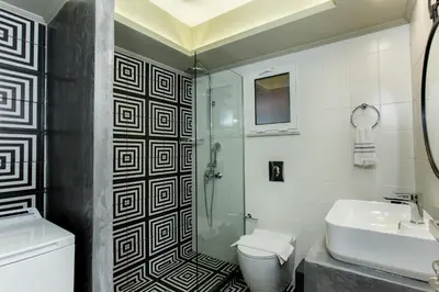 a bathroom with a shower and a toilet and a sink at NK Apartments in Falasarna