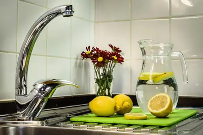 a kitchen sink with lemons and a pitcher of lemon juice at Casa Veneziana in Chania Town